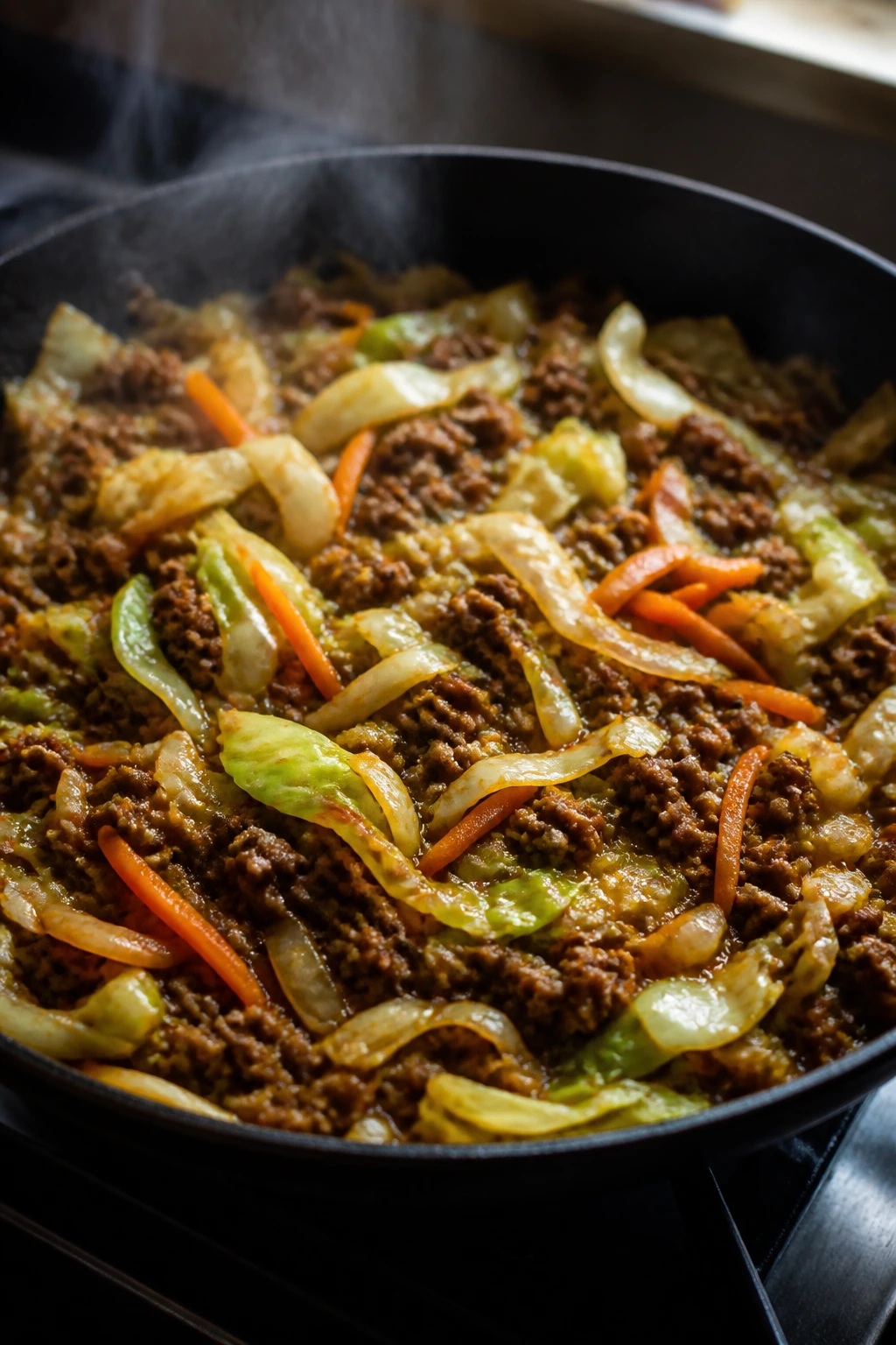 Close-up of beef and cabbage stir-fry in a sizzling skillet