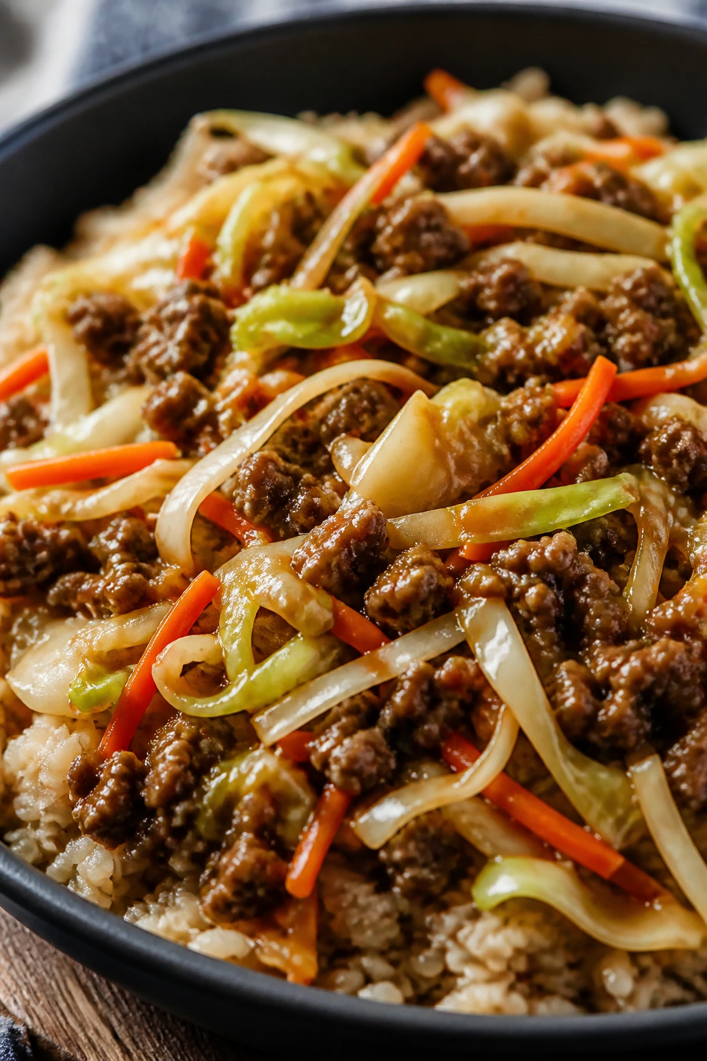 Beef and cabbage stir-fry with brown rice
