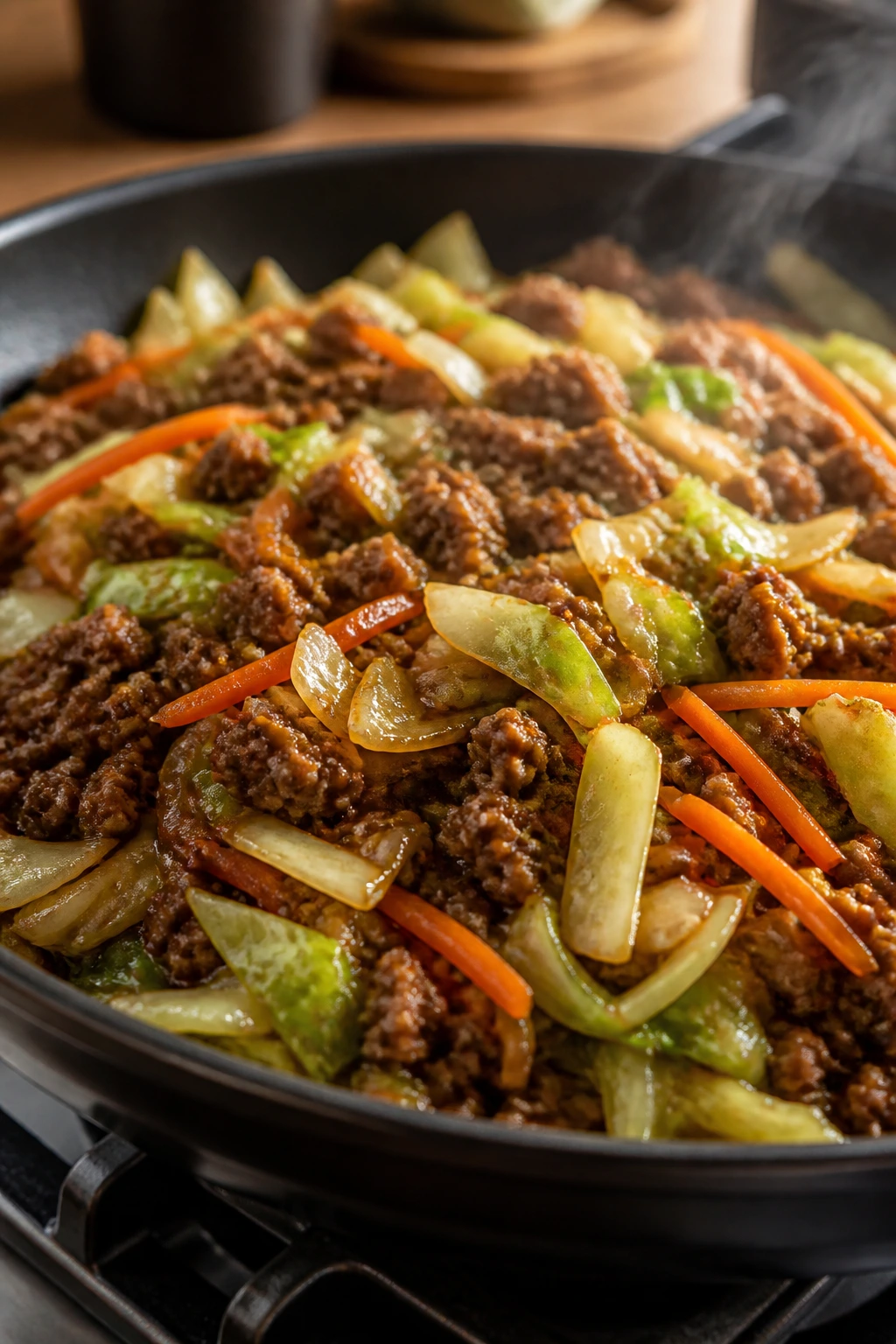 Close-up of beef and cabbage stir-fry in a skillet with ginger-garlic glaze