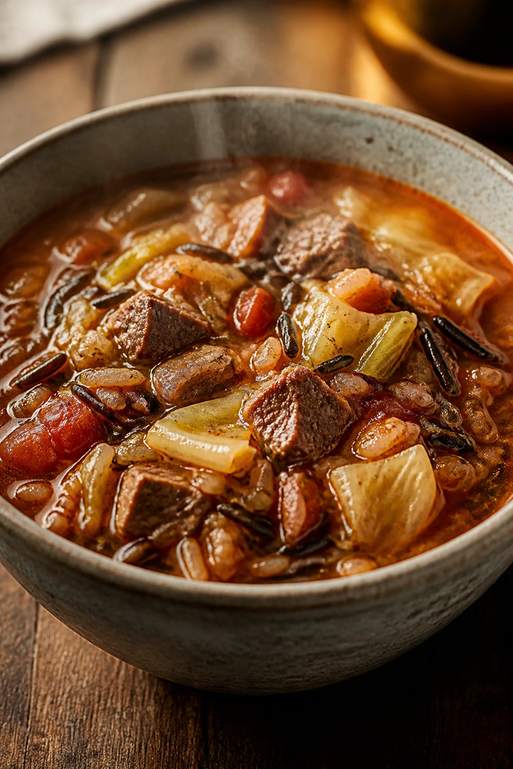 Close-up of beef cabbage wild rice soup in a rustic bowl.