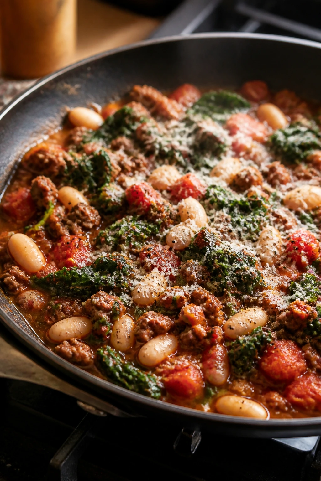 Close-up of Italian Beef and White Bean Skillet with beans, beef, kale, and tomatoes