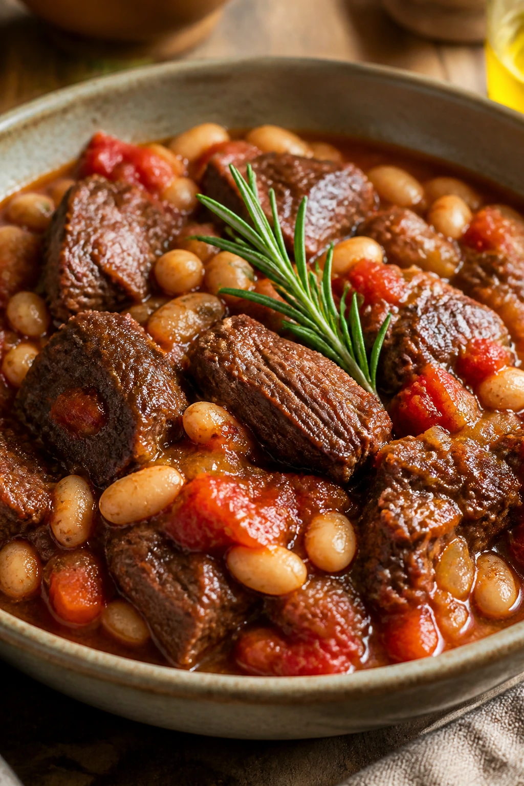 Close-up of braised beef and cannellini beans in tomato-wine sauce
