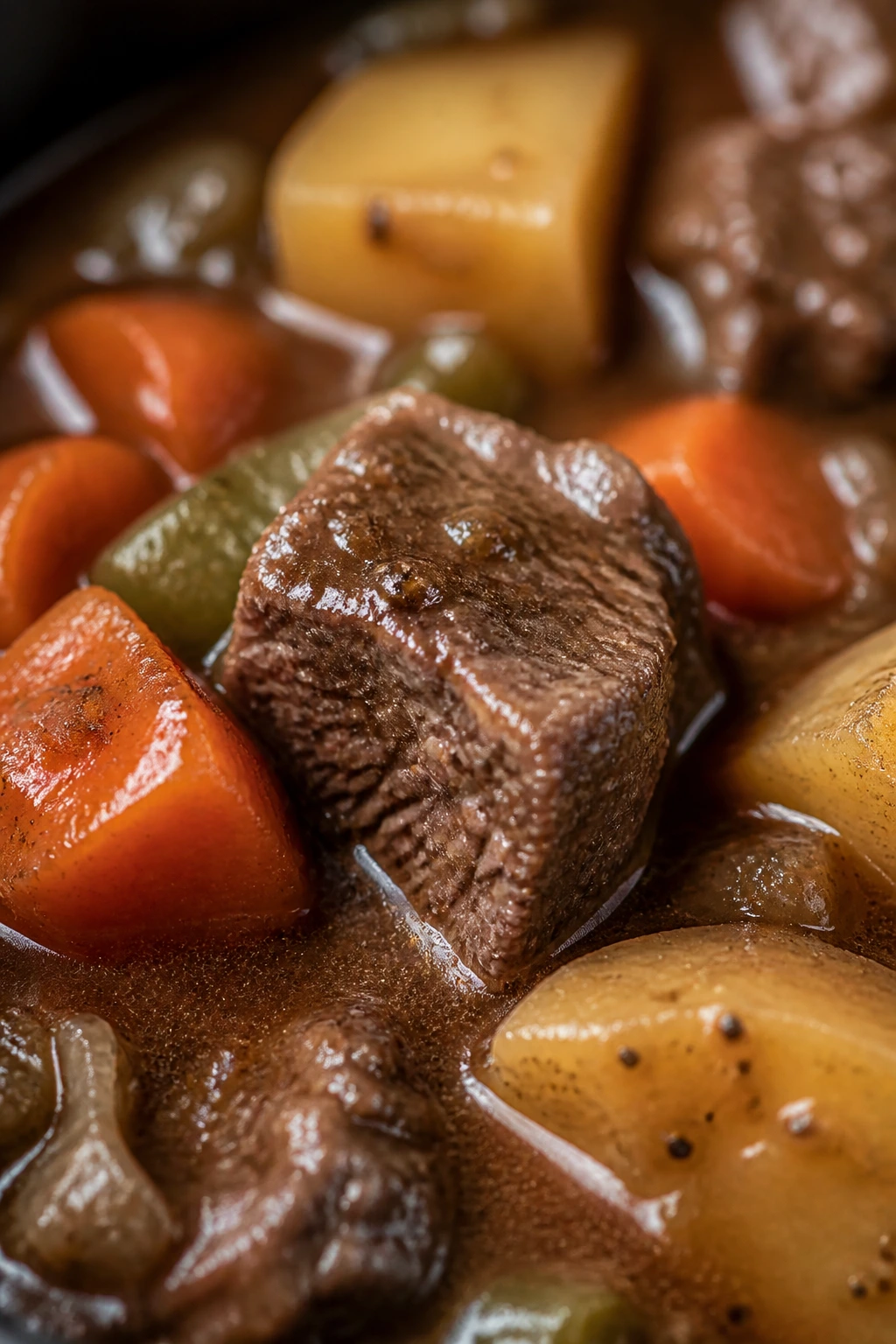 Macro shot of beef cube with surrounding carrots and potatoes in glossy stew