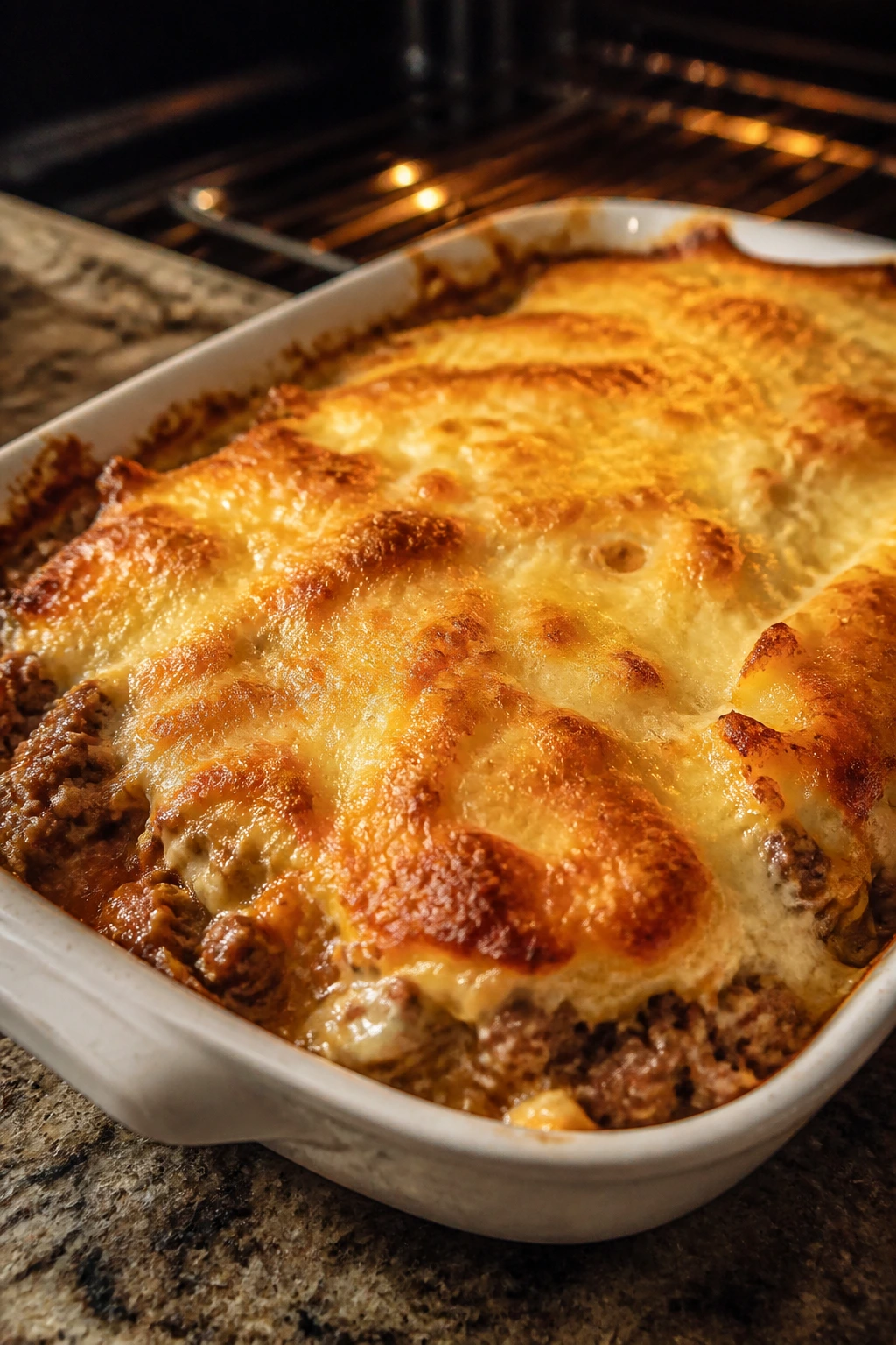 Beef casserole with a golden crust in a baking dish