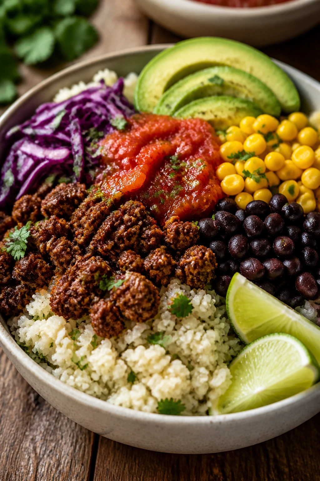 Close-up of a colorful beef and cauliflower rice burrito bowl with avocado and salsa