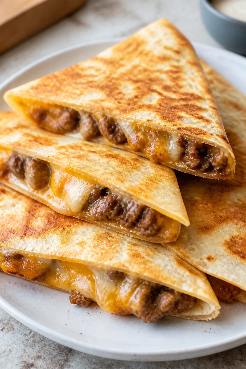 Beef and cheese quesadillas sliced on plate
