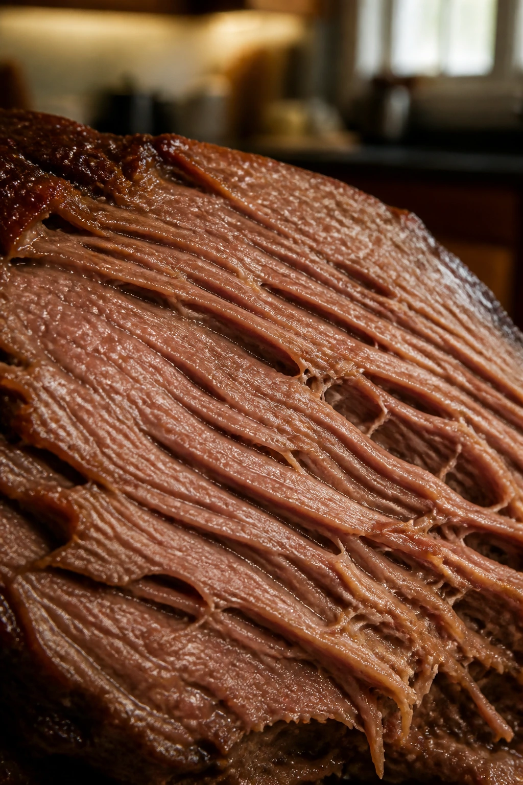 Close-up of a tough, chewy-looking beef slice