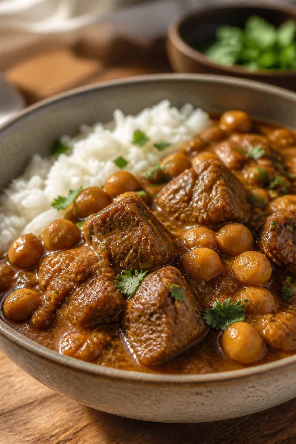 Beef and chickpea curry in a bowl with rice