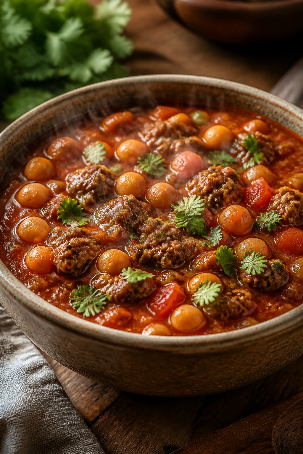 Close-up of beef and chickpea tomato stew in a ceramic bowl on a wooden kitchen counter