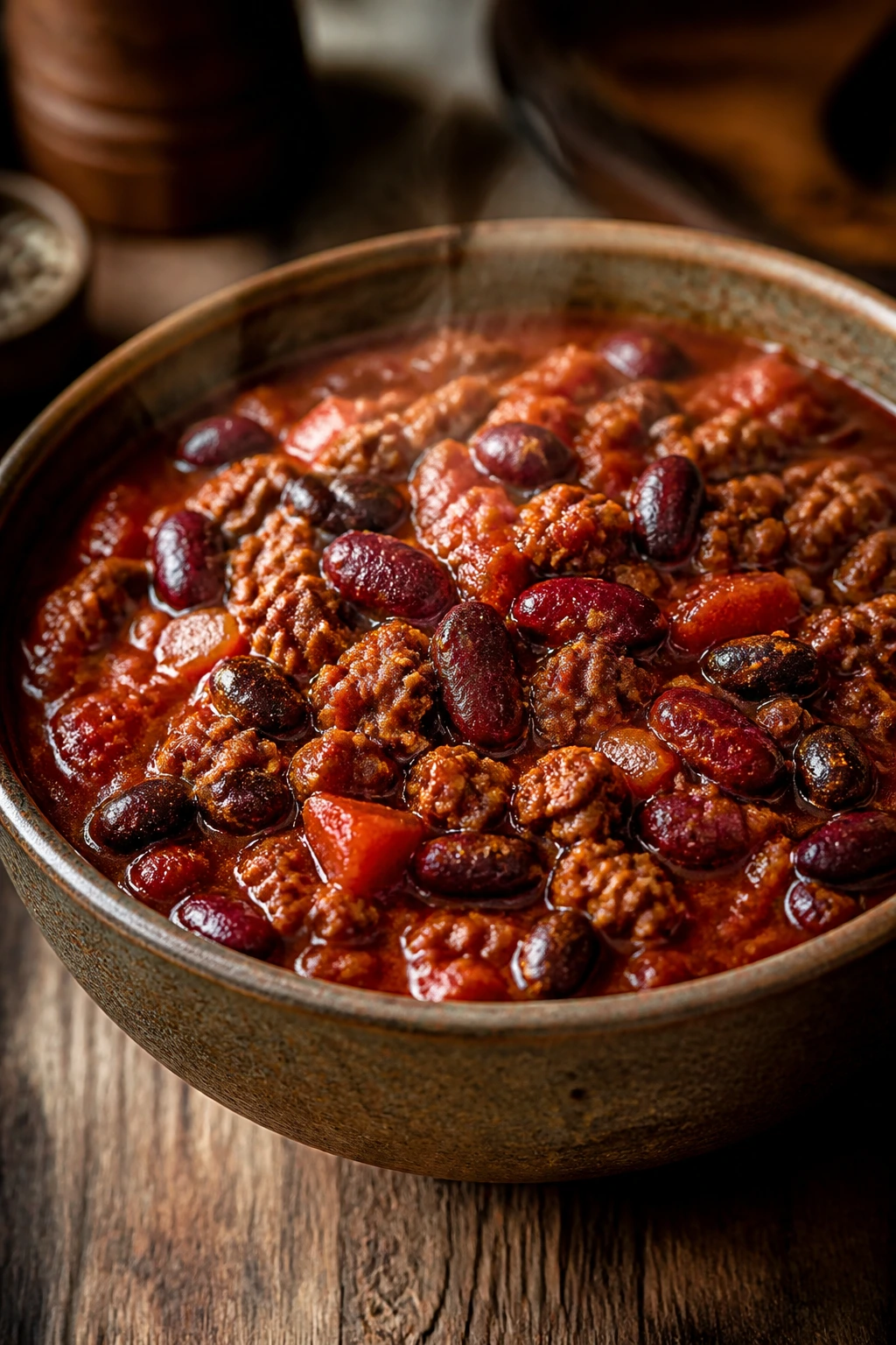Beef and bean chili in a deep bowl