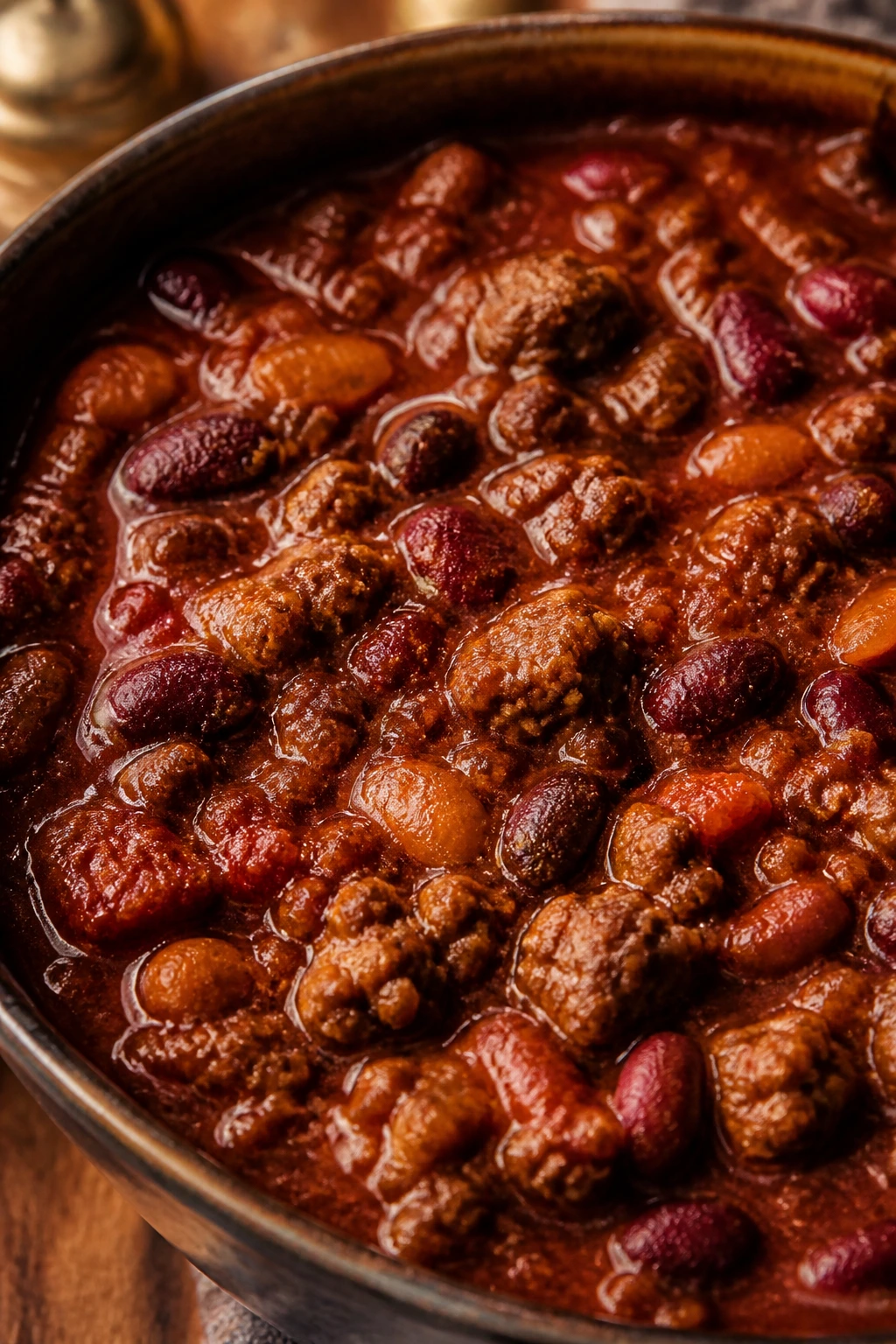 Thick beef and bean chili in a bowl, ready for lunch next day