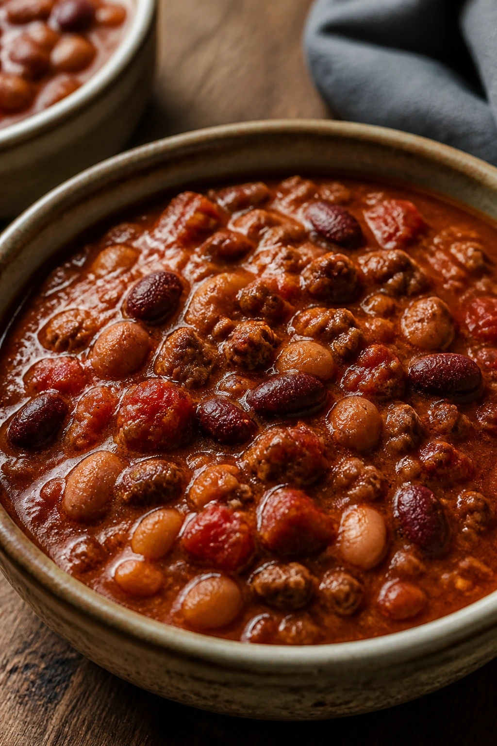 Beef and bean chili in a small rustic bowl, two servings