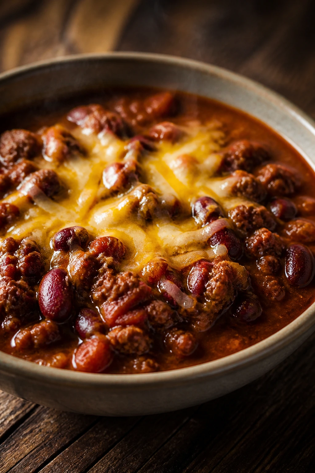 Close-up of beef chili with beans in a bowl
