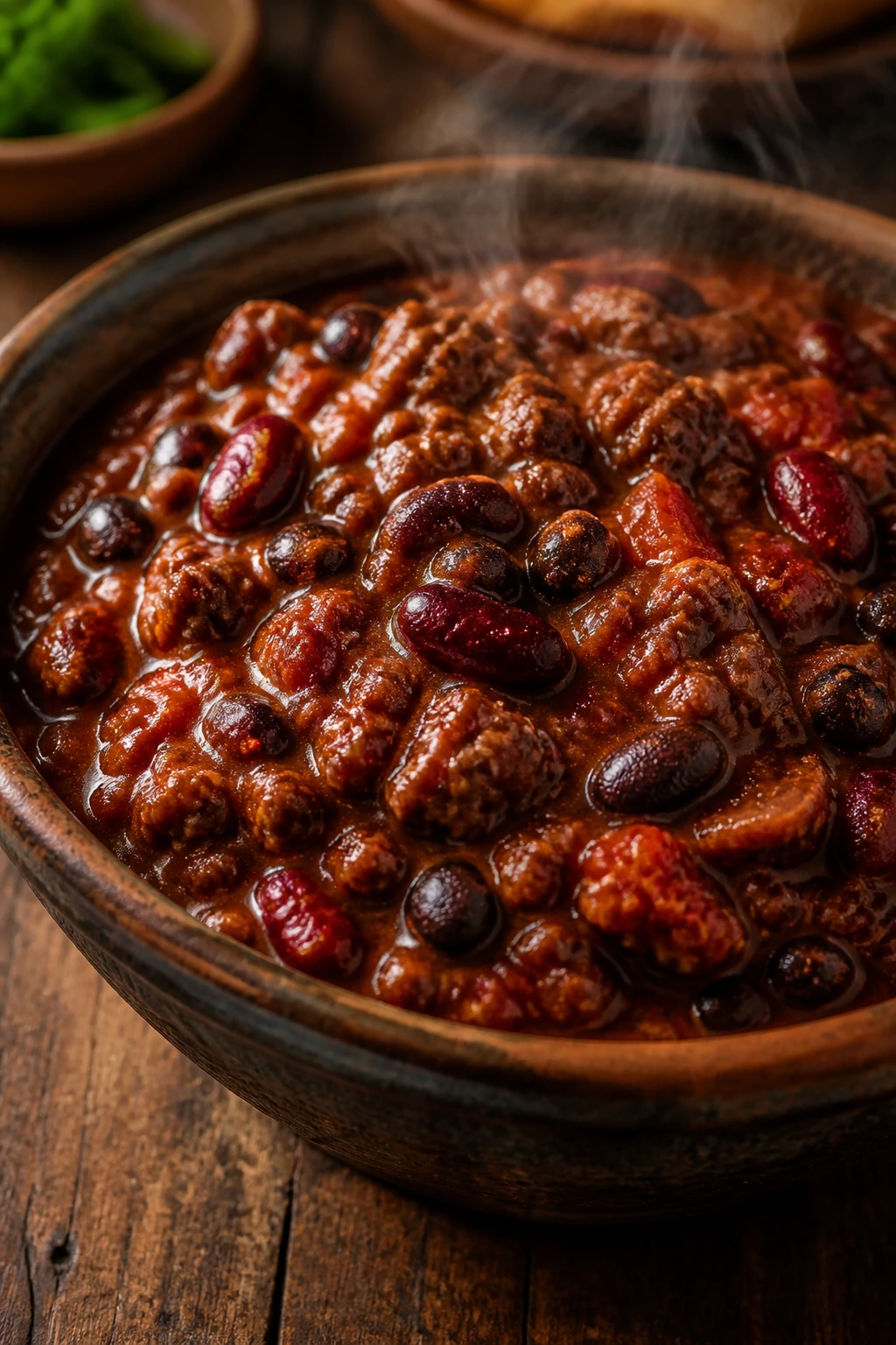 Thick chili with beans in a rustic bowl