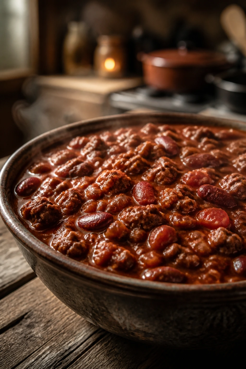 Bowl of thick beef chili with beans steaming on a wooden table