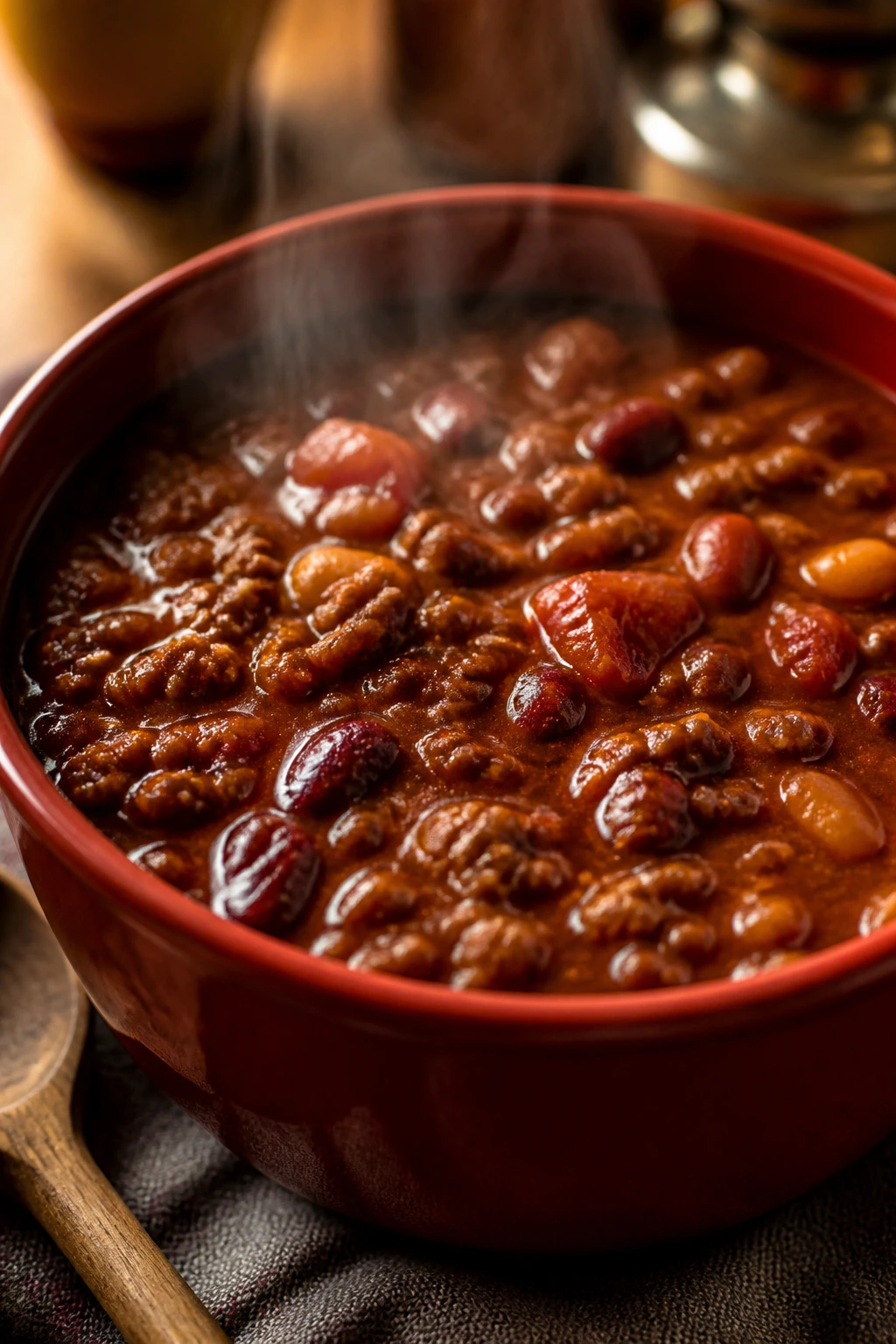 Deep red beef chili with beans in a rustic bowl