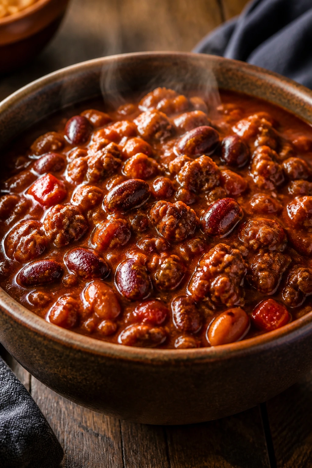 Beef chili with beans in a thick hearty bowl