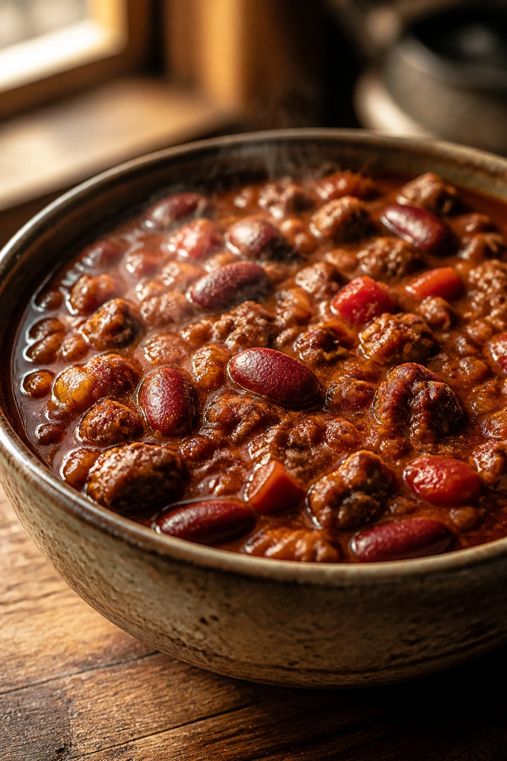 Close-up of thick beef and bean chili in a rustic bowl