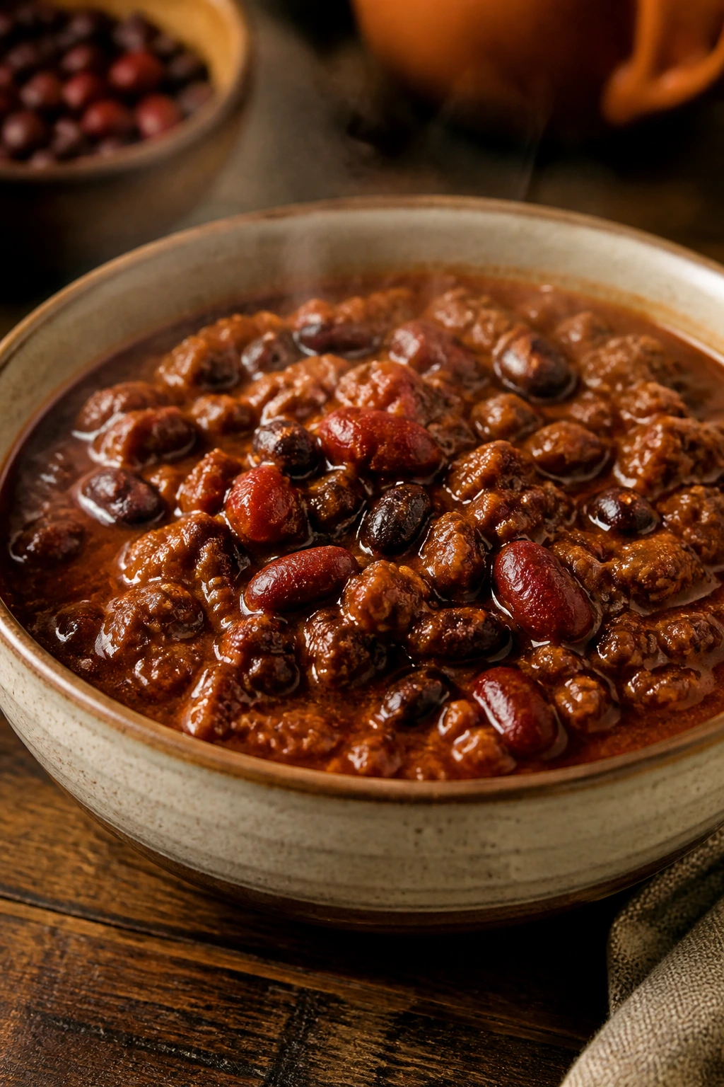 Close-up of steaming beef chili with beans in a rustic bowl.