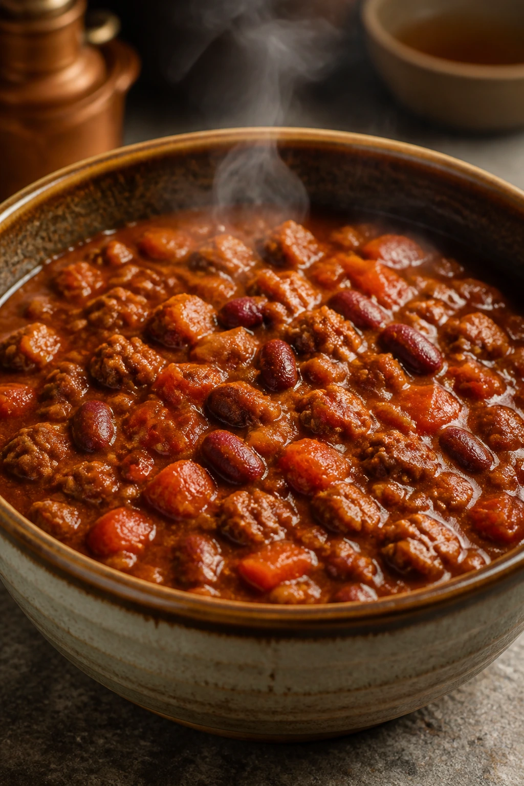 Steaming beef and bean chili in a rustic bowl