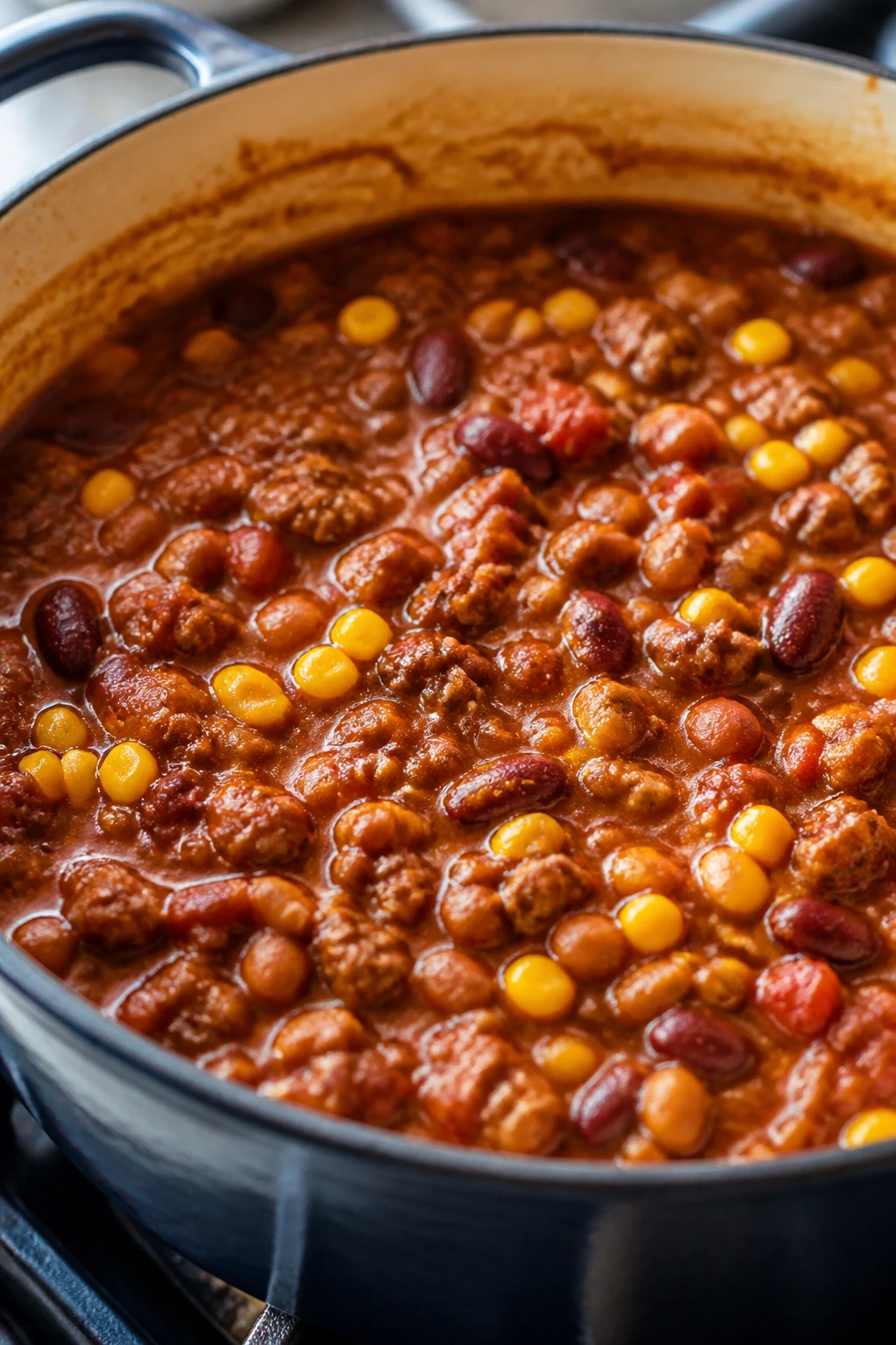 Close-up of chili with beef, beans, and corn in a pot on a stovetop