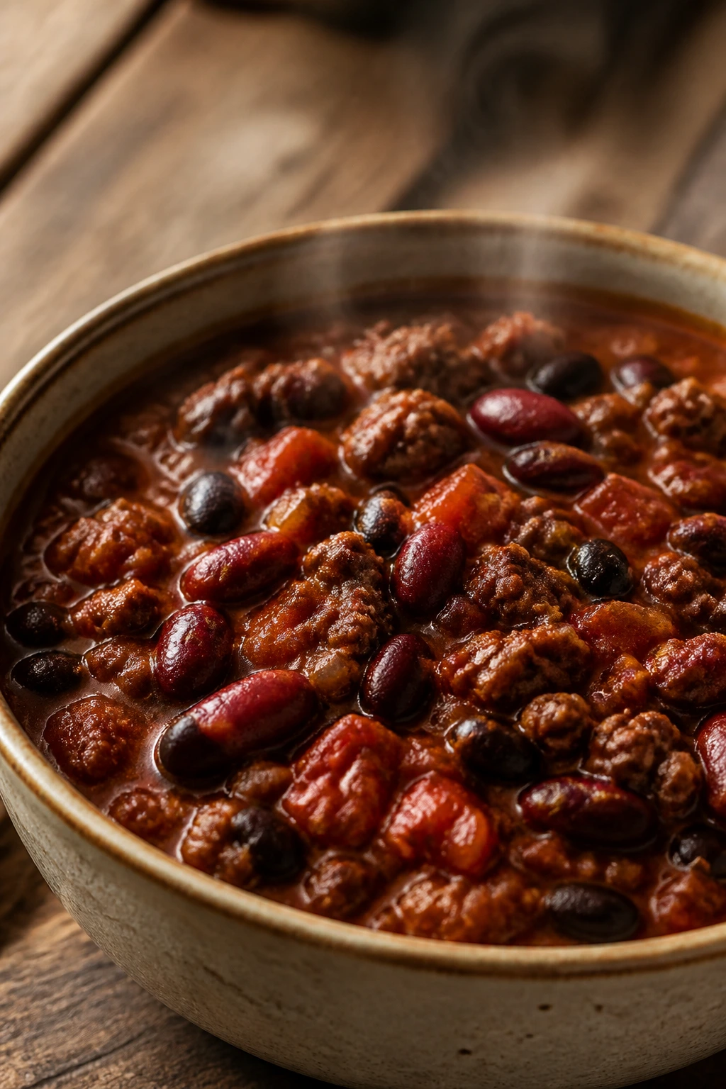 Steaming bowl of Beef and Bean Chili with beans and beef
