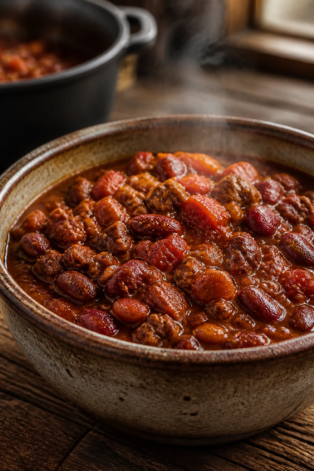 Close-up of thick beef chili with beans in a rustic bowl