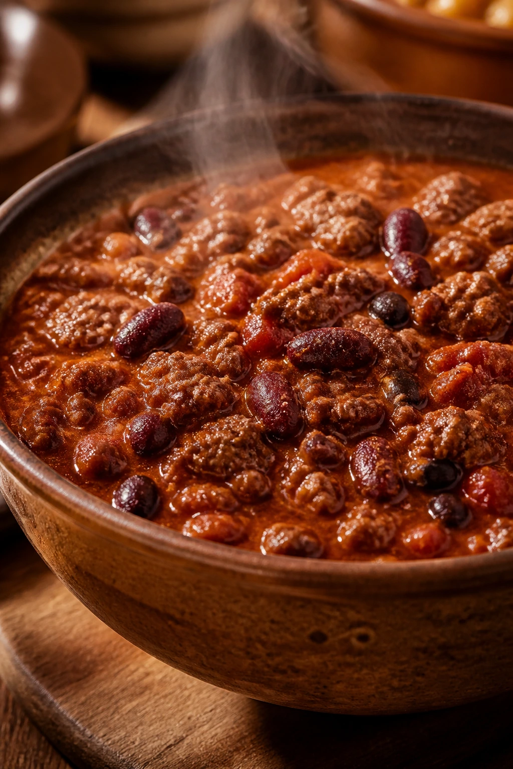 Close-up of thick beef and bean chili in a rustic bowl with steam.