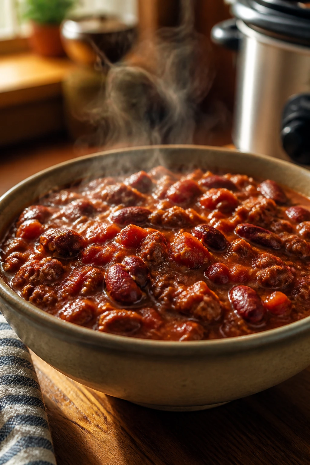 Steaming bowl of thick beef and bean chili with visible beans on a rustic wooden table