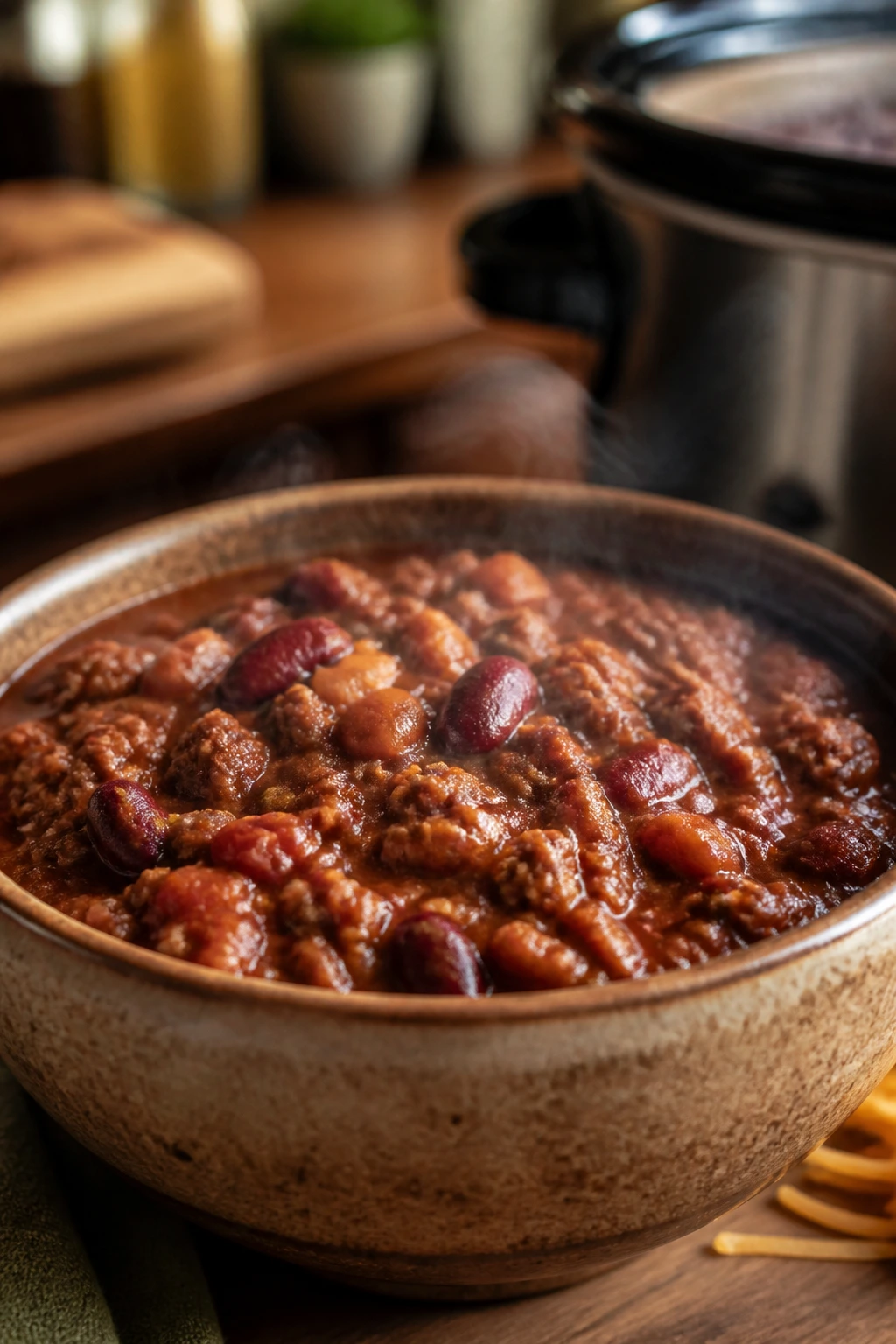 Close-up of a steaming bowl of beef and bean chili