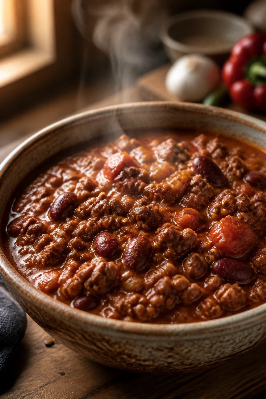 Close-up of thick beef chili in a rustic bowl
