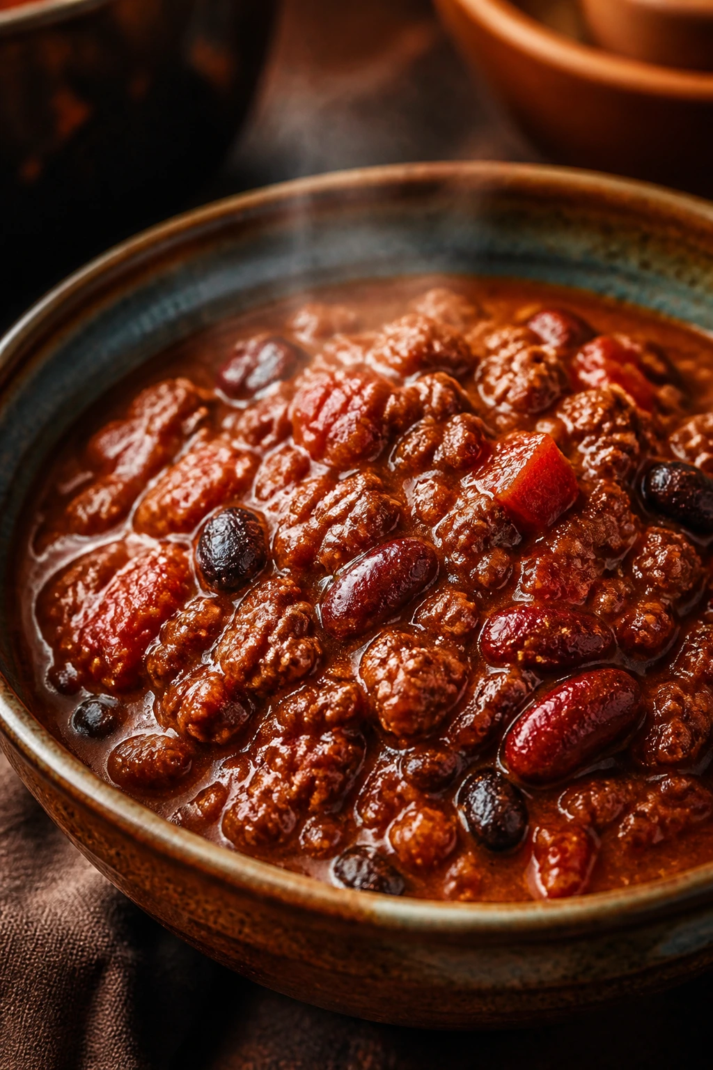 Thick beef and bean chili in a rustic bowl with beans and tomato sauce