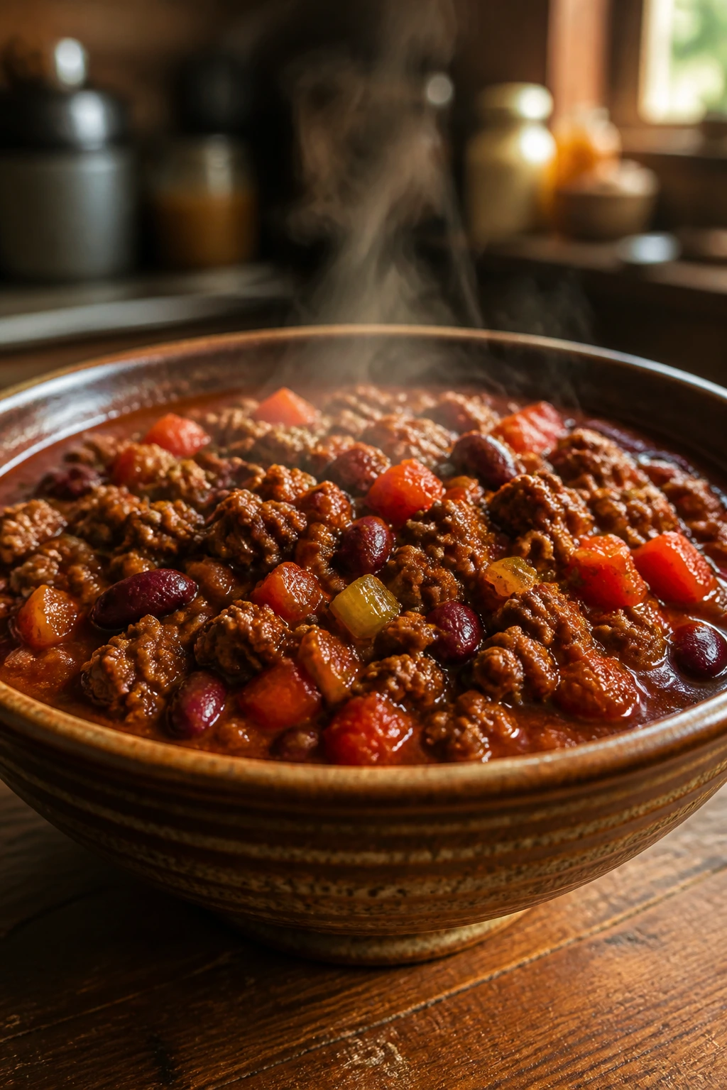 Hearty beef chili with beans in a bowl