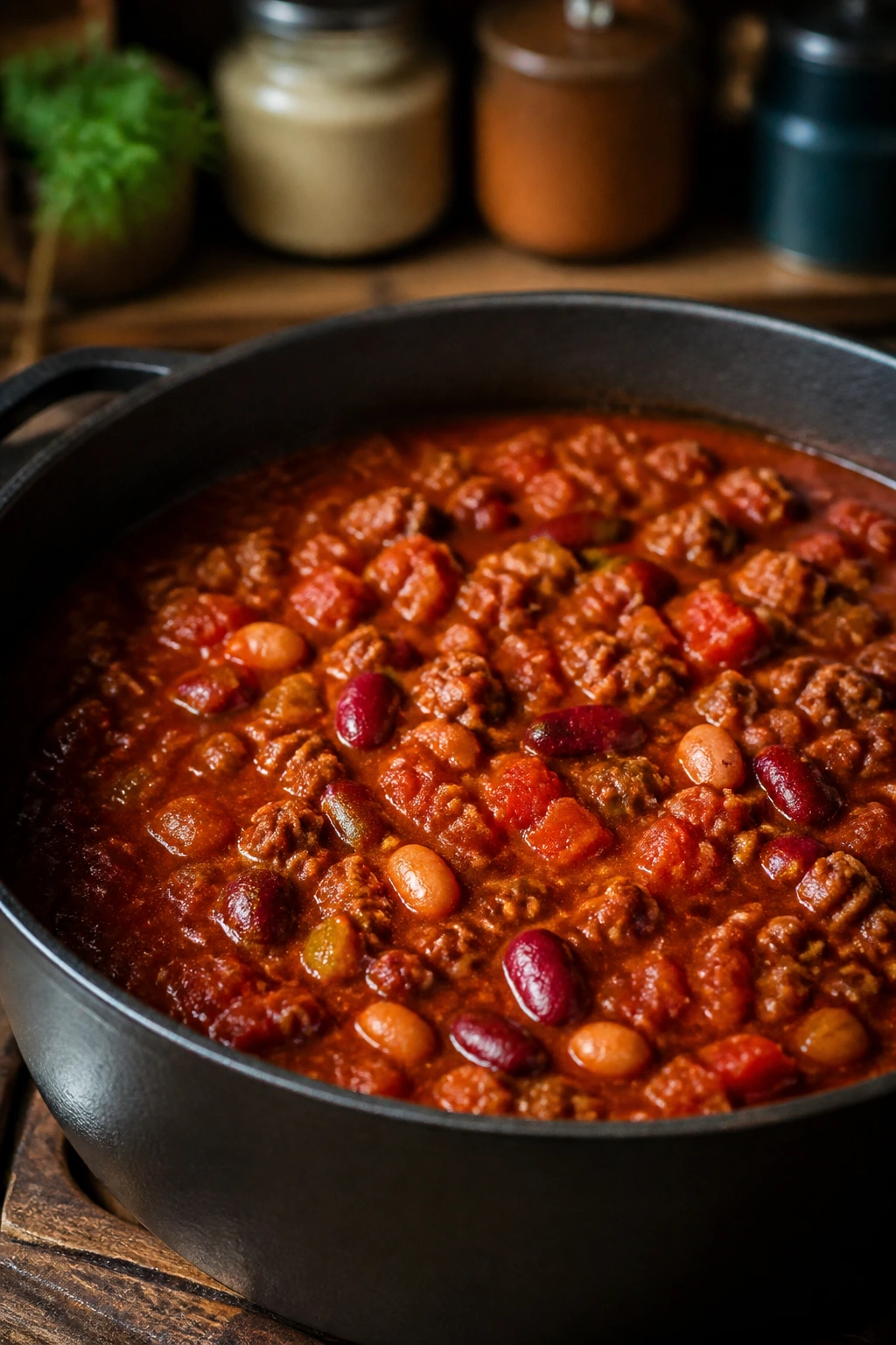 Close-up of beef chili with beans in a rustic pot, showcasing variations of ground beef dishes