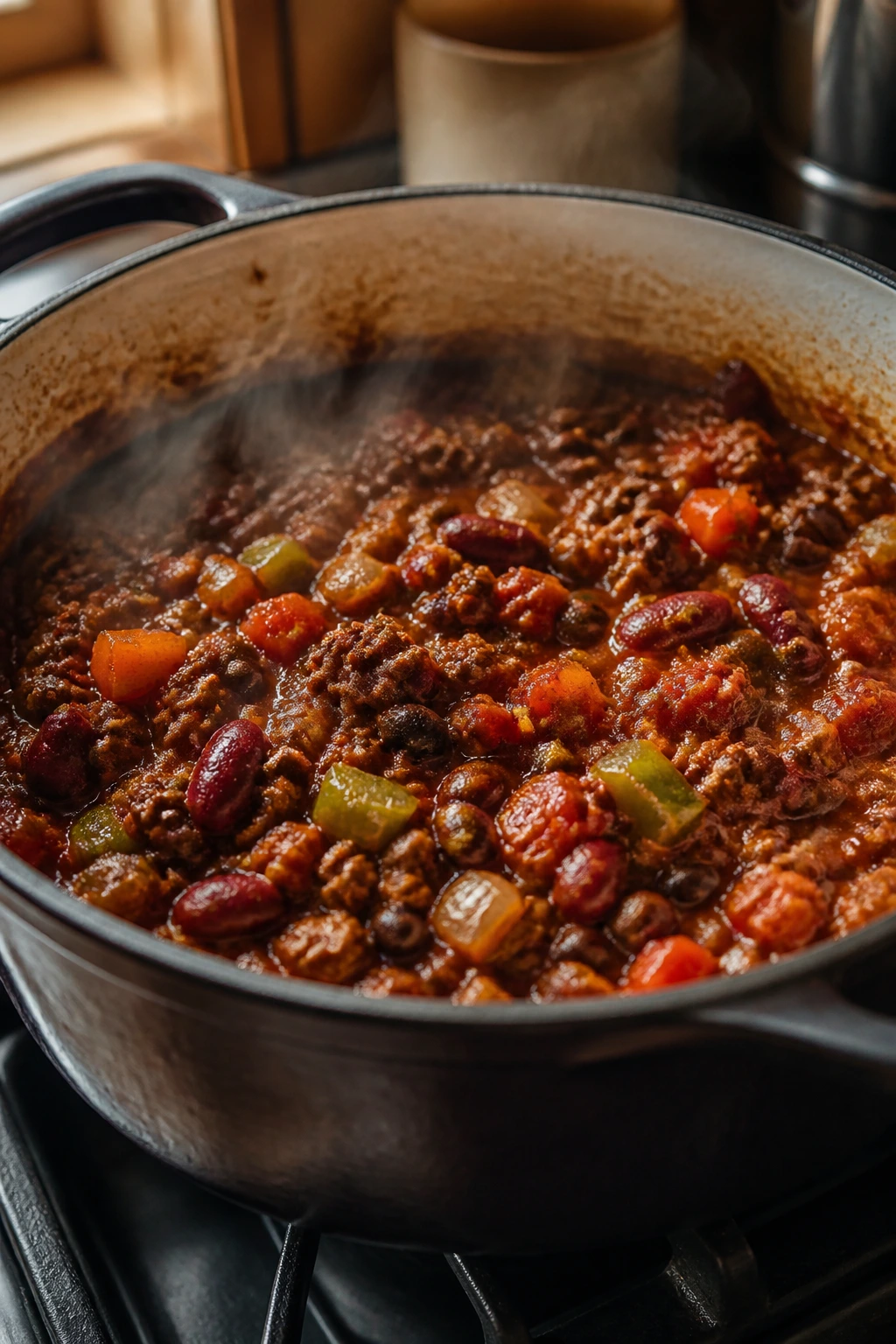 Close-up of thick beef and bean chili in a rustic pot