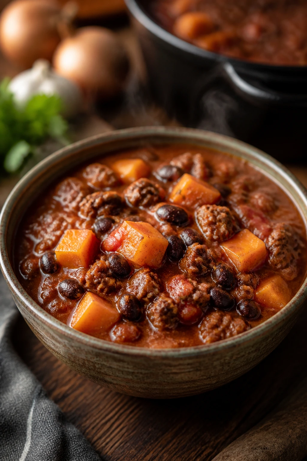 Close-up of thick beef chili with butternut squash and beans in a bowl