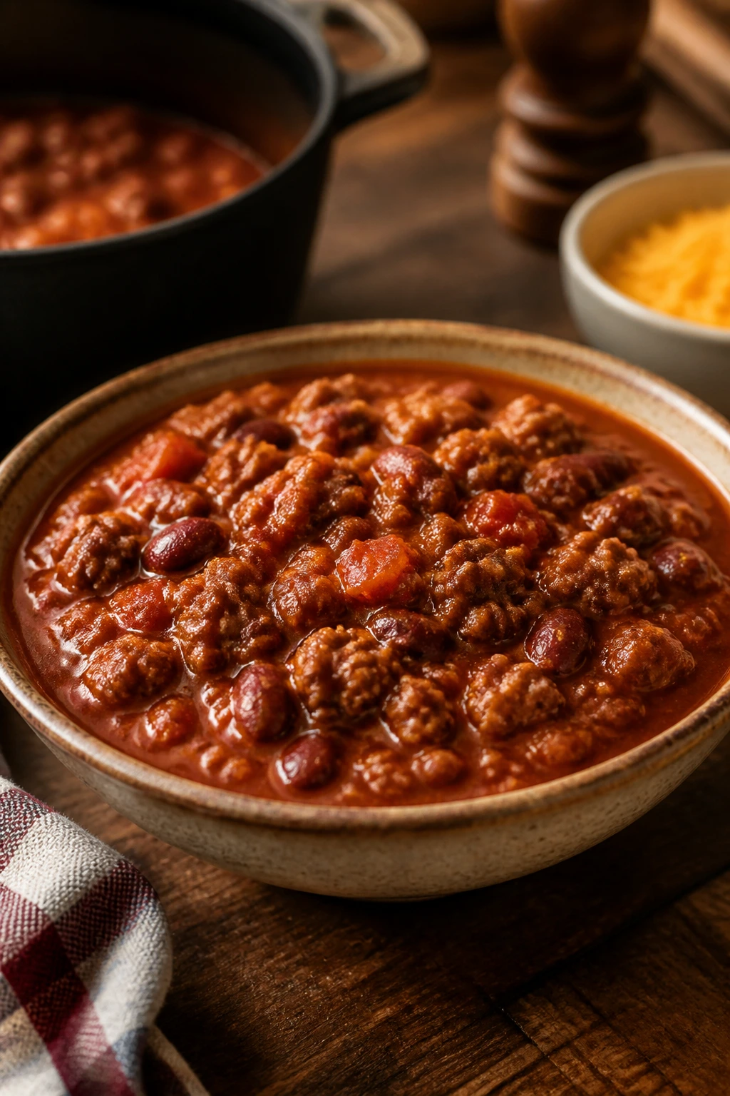 Thick beef chili in a rustic bowl