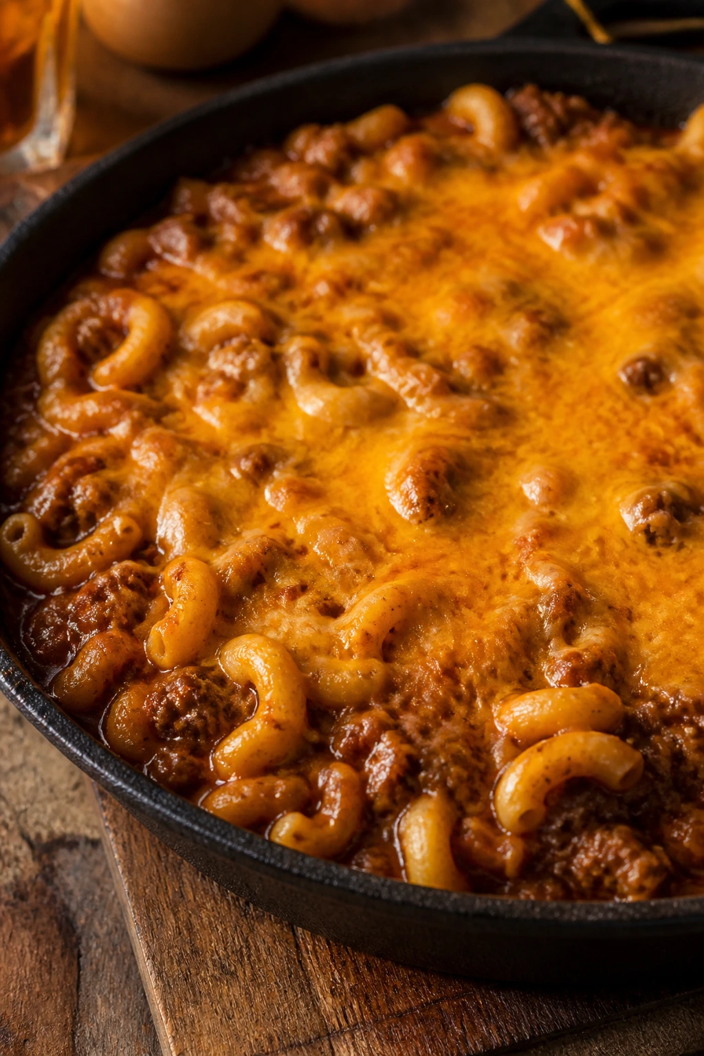 Beef chili mac in a bubbling skillet with melted cheddar