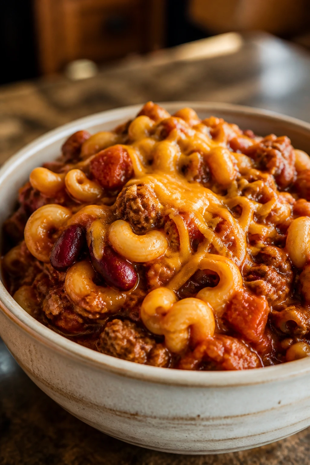 Hearty beef chili mac with cheddar topping