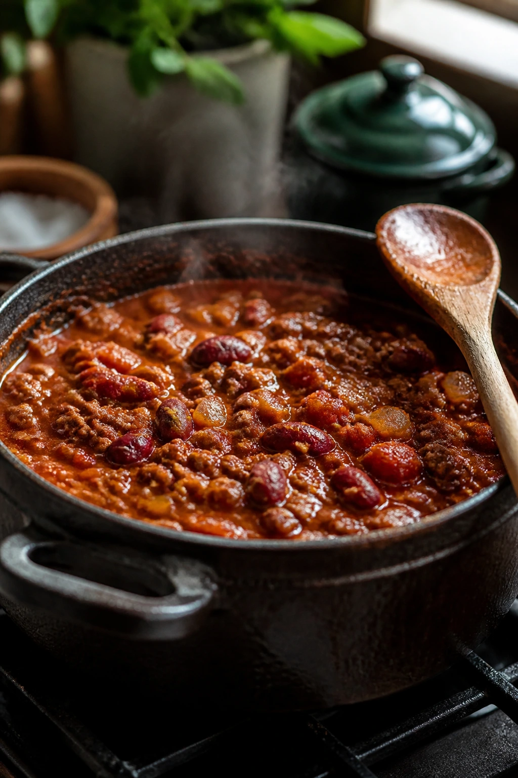 Beef chili in a rustic pot on a stove, steaming.