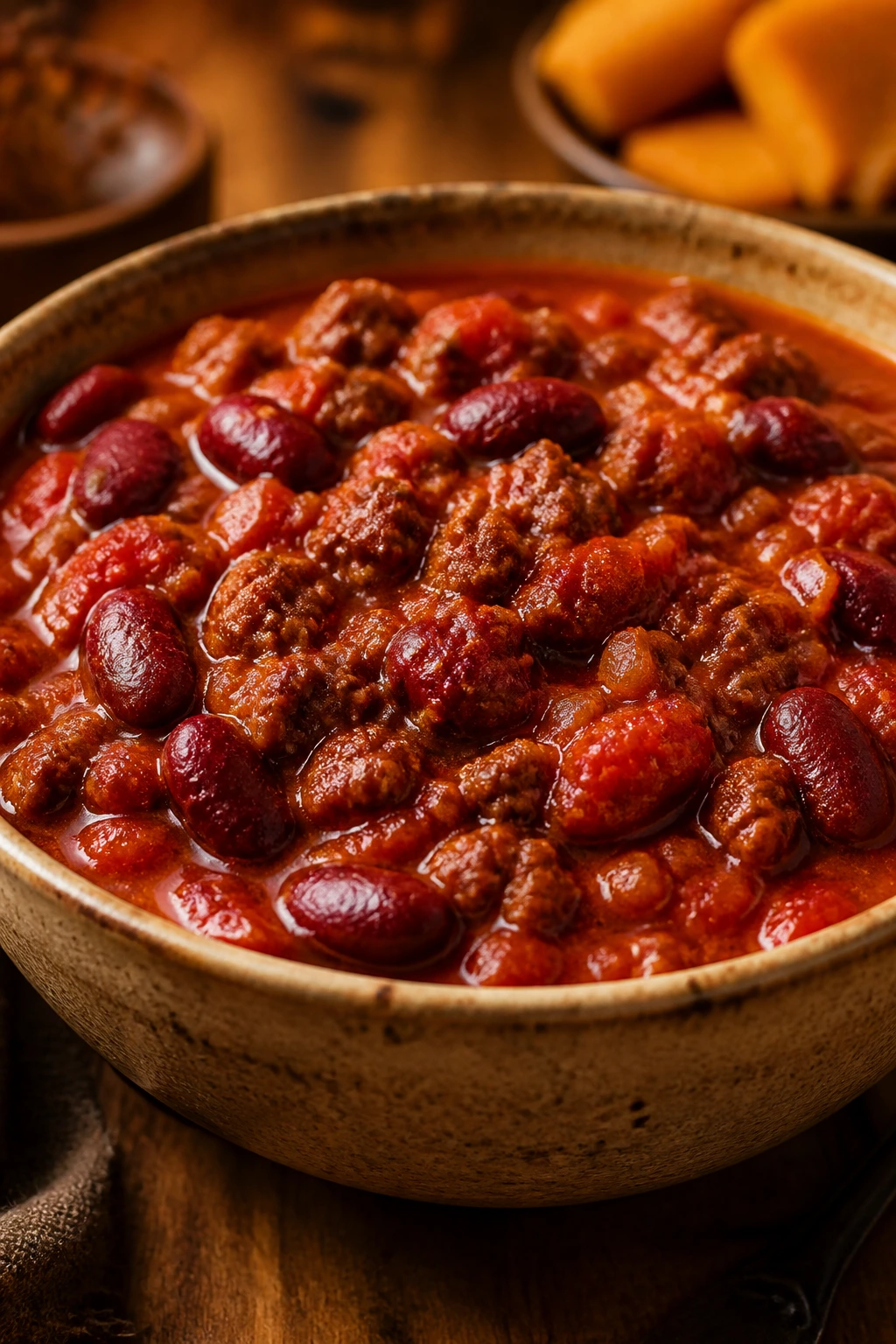Beef chili in a rustic bowl with beans and tomatoes