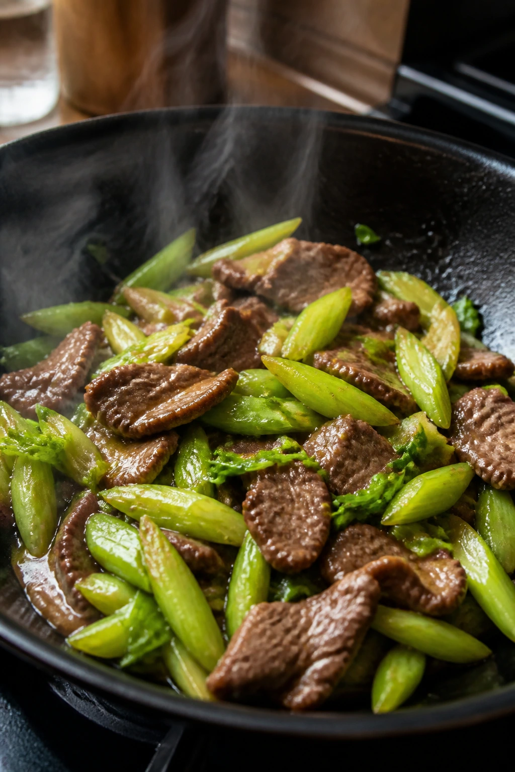 Close-up of beef with Chinese celery stir-fry