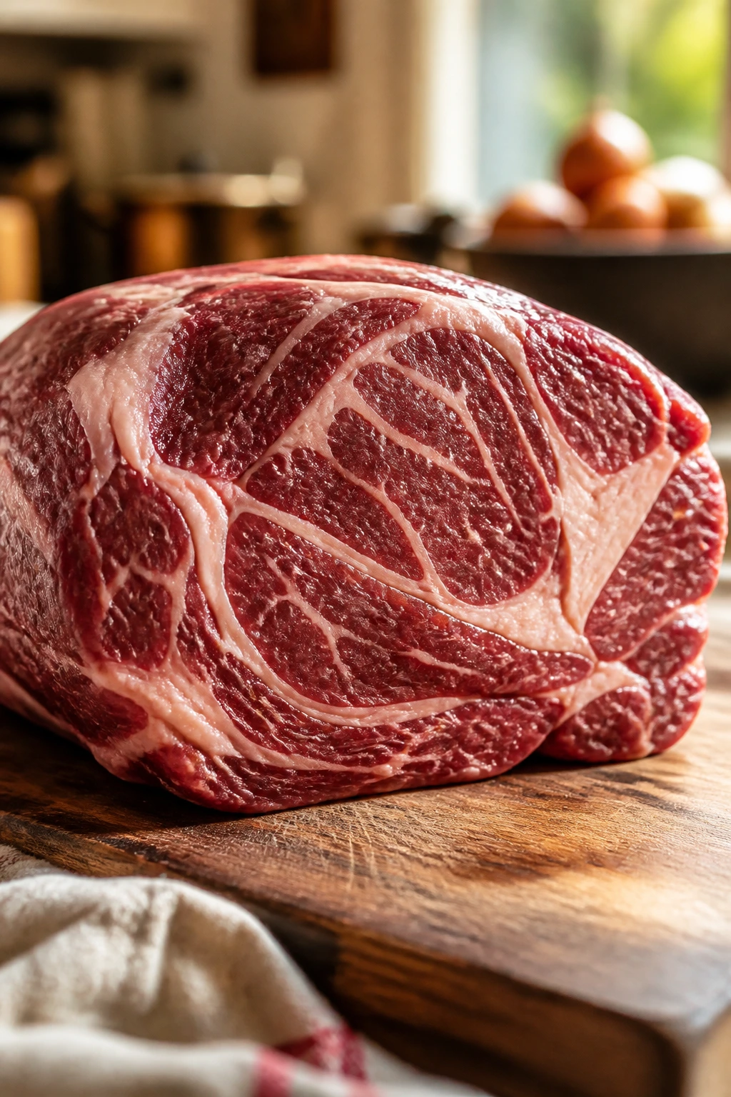 Close-up of marbled beef chuck on a cutting board, ready for slow-cooked dinners.