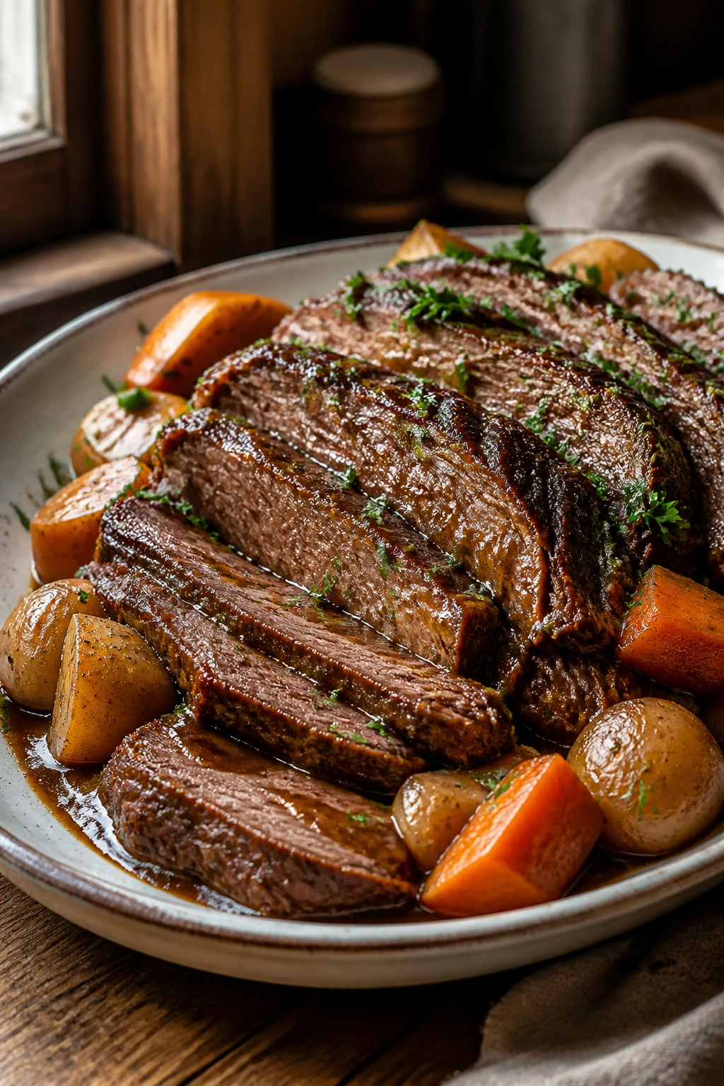 Close-up of beef chuck slices on a cold plate with potatoes, carrots, gravy, and parsley