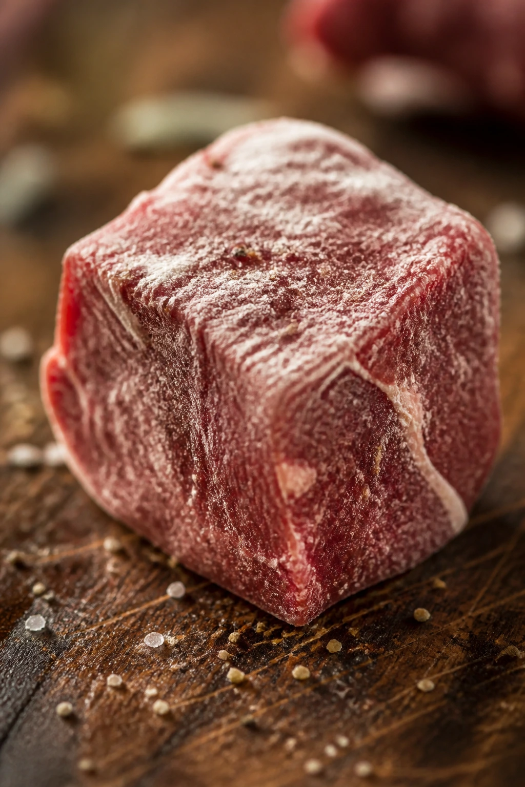 Beef chuck cube with light flour coating on rustic board