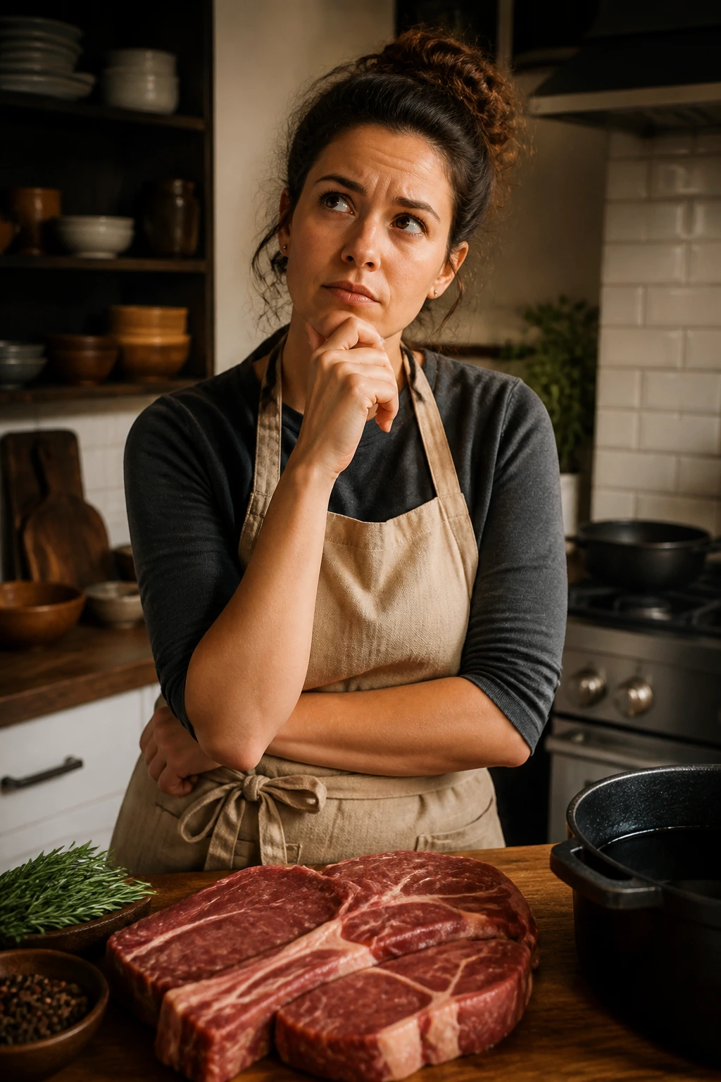 Real person in a kitchen looking thoughtful about beef chuck questions