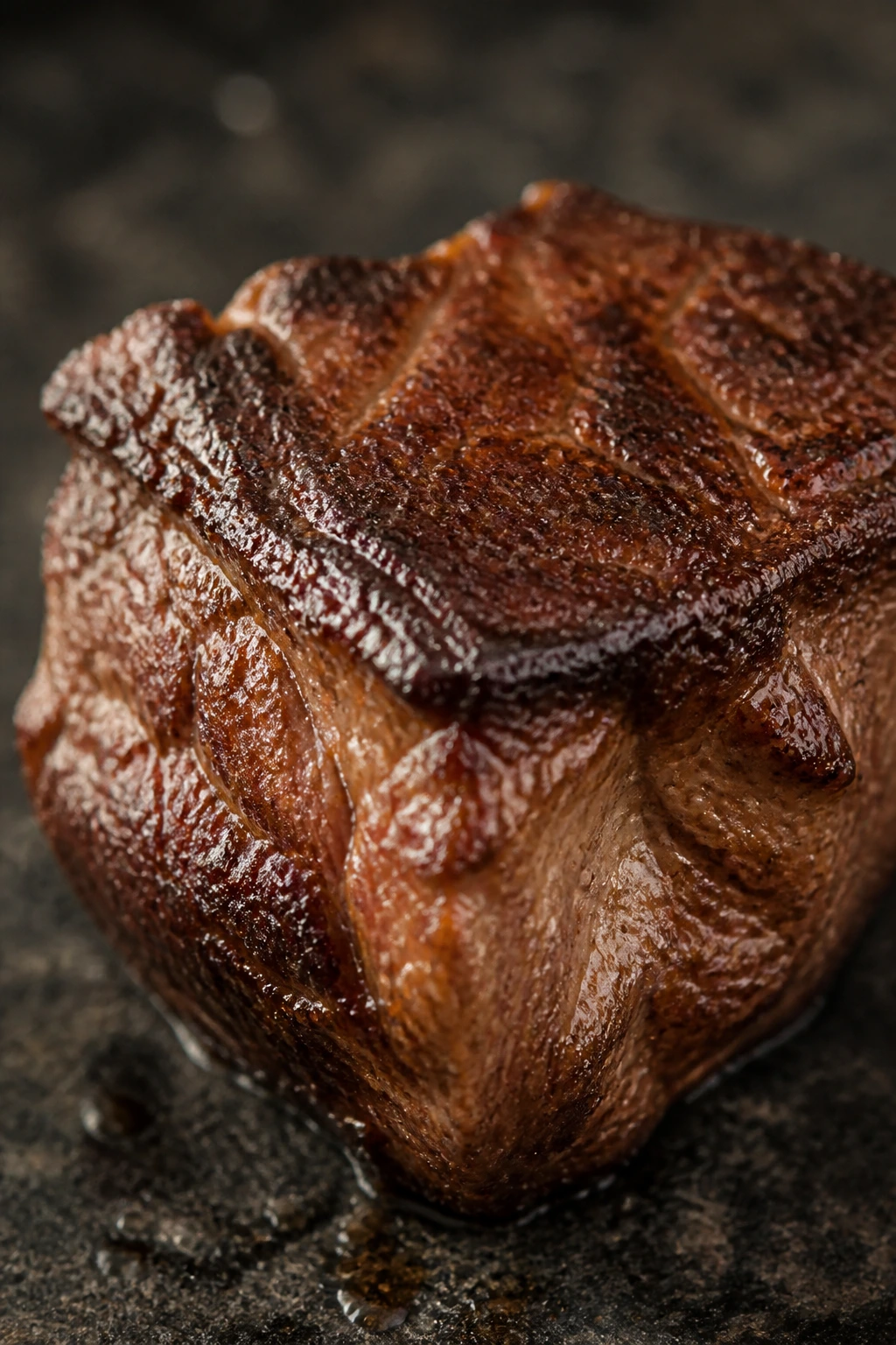 Macro shot of a browned beef chuck cube in broth