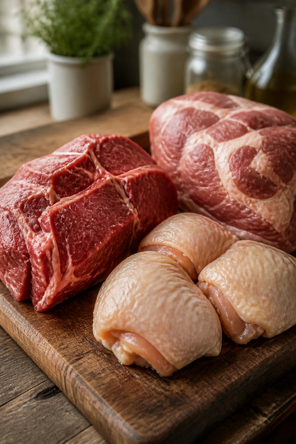 Beef chuck, pork shoulder, and chicken thighs on a cutting board