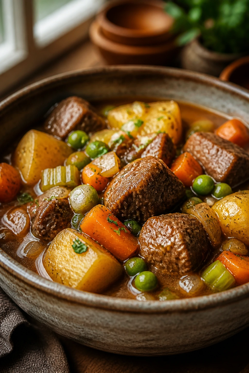 Hearty beef stew with beef cubes, potatoes, carrots, celery, and peas in a rustic bowl