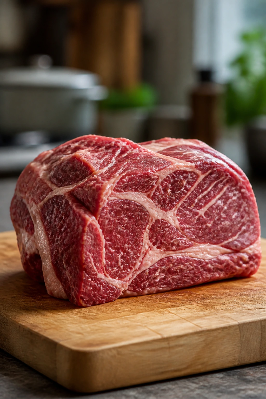 Beef chuck roast chunk on cutting board ready for braising